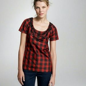 J. Crew Beaded Red/Black Plaid/Tartan Top w/ Tie